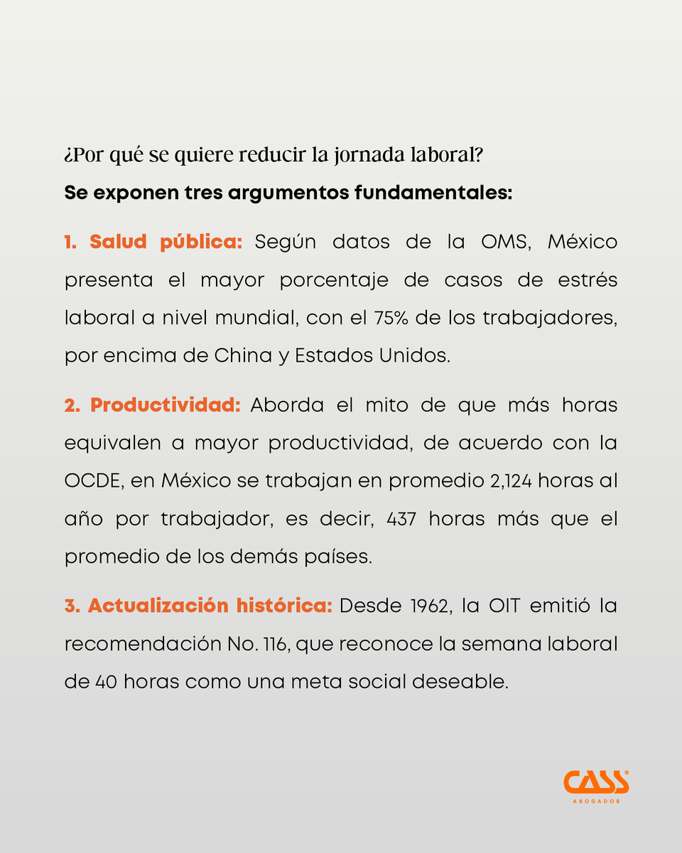 CASSabogados's tweet photo. El 10 de febrero de 2026, las Comisiones Unidas de Puntos Constitucionales, Trabajo y Previsión Social, y Estudios Legislativos del Senado de la República llevaron a cabo la discusión y aprobación del dictamen correspondiente a la reforma laboral en materia de reducción de la jornada de 48 a 40 horas semanales.

La iniciativa, busca reformar el artículo 123, apartado A, de la Constitución Política de los Estados Unidos Mexicanos, su objetivo es reducir la jornada laboral máxima semanal para equilibrar el trabajo con el descanso, alineándose con estándares internacionales de la OIT y la OMS que enfatizan la salud y el bienestar de los trabajadores.

El 11 de febrero, el senado turnó el proyecto a la camara de diputados para su discusión y aprobación.