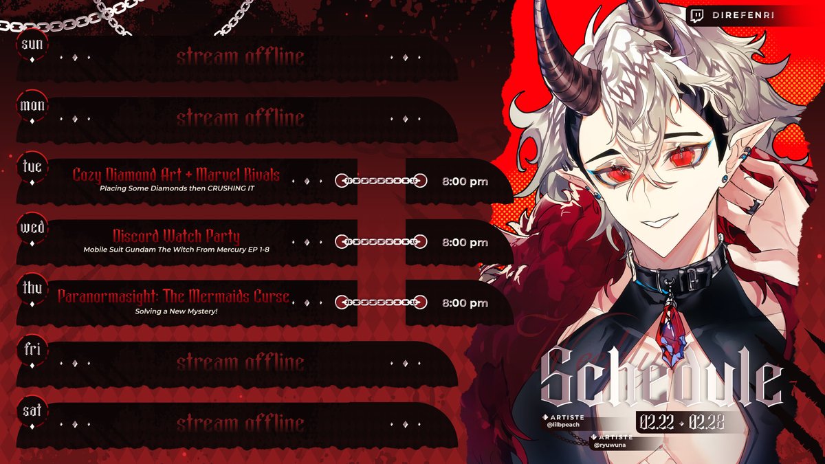 I’m back from my hiatus!!! 

Got some fun stuff planned this week! 

🔥SCHEDULE (EST)🔥

TUES - Diamond Art + Marvel Rivals

WEDS - Discord Watch Party

THURS - Paranormasight: The Mermaids Curse

🖤See You in the Underworld!🖤