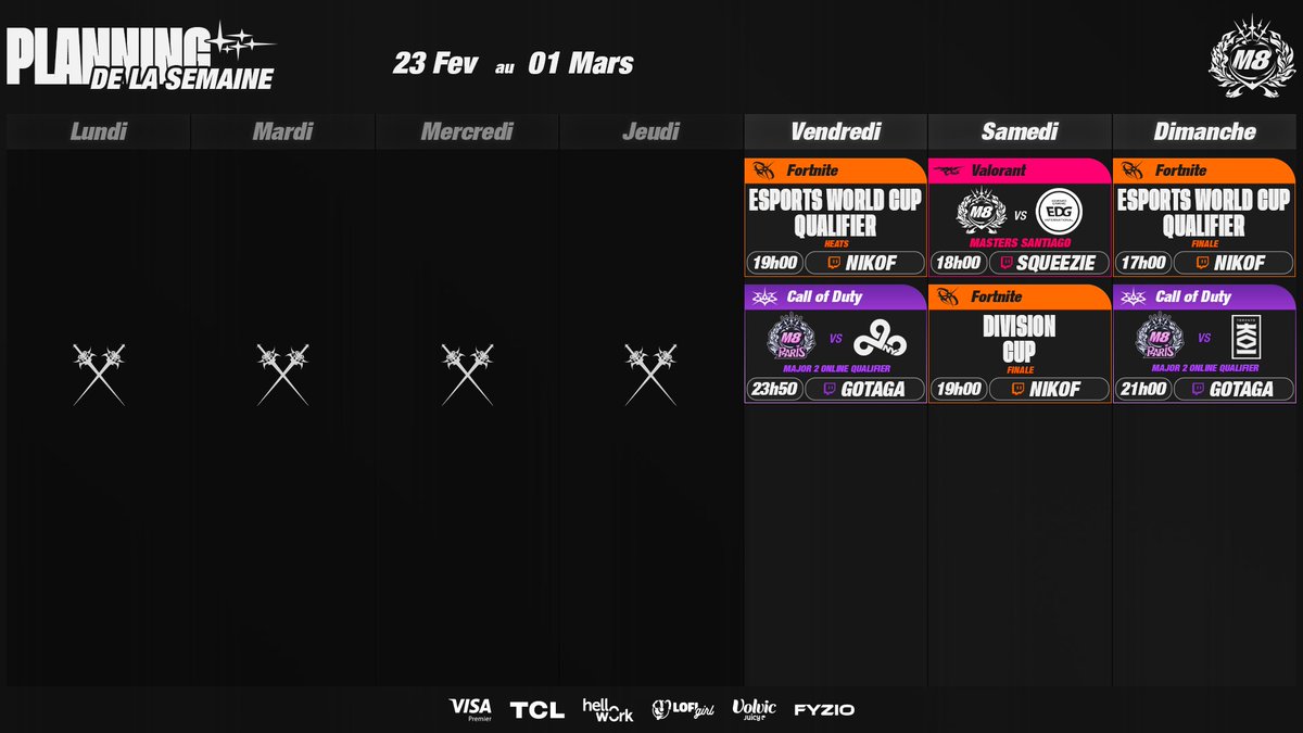 Une semaine très importante #M8WIN

On jouera notre premier match à l’international sur Valorant (on vous a écoutés pour la DA du planning)