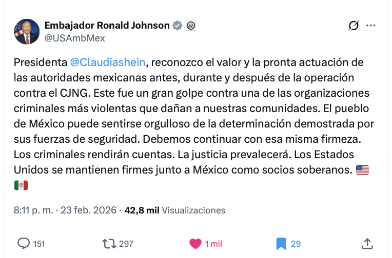 Para todos los MAGA-ESTUPIDOS que ayer decían que Trump era el responsable de el operativo contra El Mencho, lean al EMBAJADOR DE ESTADOS UNIDOS EN MEXICO reconociendo a la Presidenta <a href="/Claudiashein/">Claudia Sheinbaum Pardo</a> "el valor y la pronta actuación de las autoridades mexicanas” SIN MENCIONAR