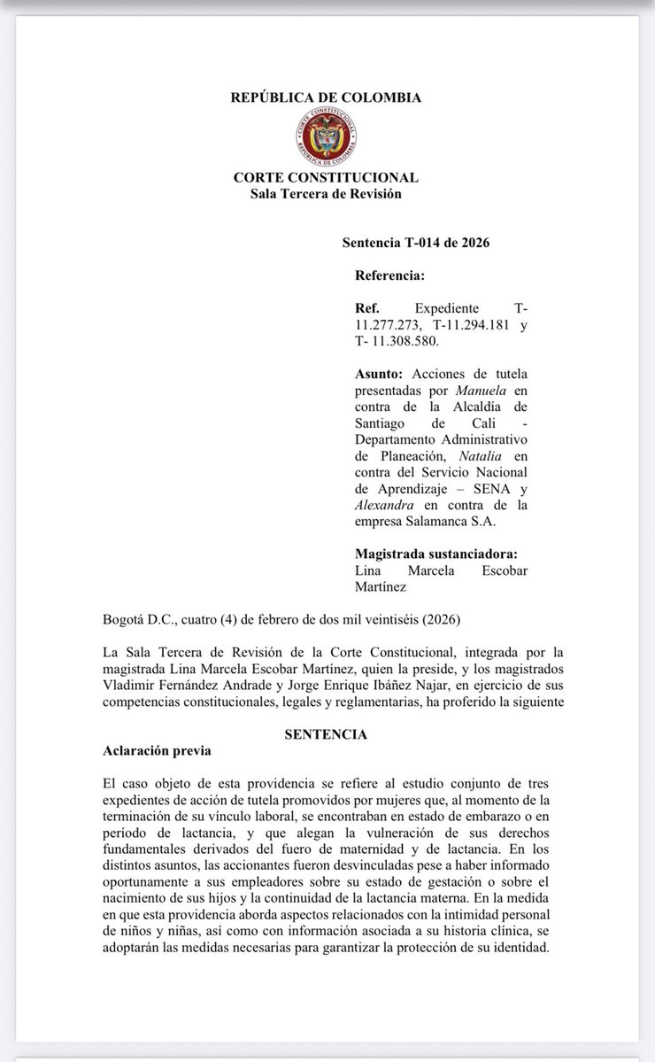 Corte Constitucional T-014 de 2026.

Derecho a la estabilidad laboral reforzada por embarazo y durante el periodo de lactancia. Reglas jurisprudenciales sobre el alcance del fuero de maternidad en la relación de trabajo. 

drive.google.com/file/d/1SPaemY…