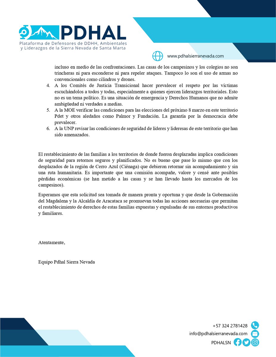 Comunicado Pdhal sobre la situación de Derechos Humanos en las montañas de Aracataca. Sierra Nevada de Santa Marta.