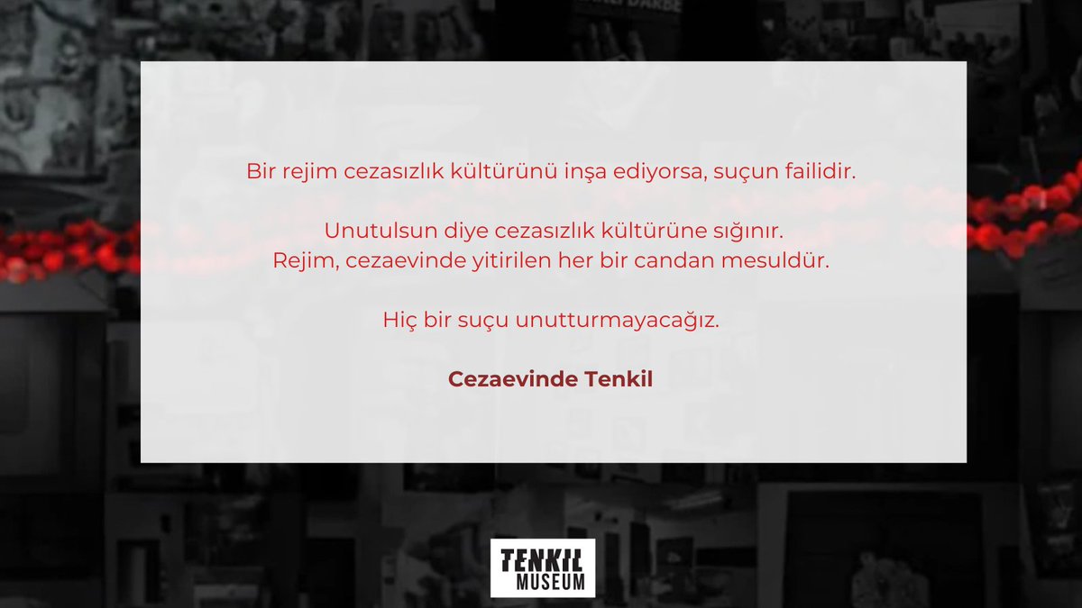 Cezaevinde Tenkil

Bir rejim cezasızlık kültürünü inşa ediyorsa, suçun failidir.

Unutulsun diye cezasızlık kültürüne sığınır.
Rejim, cezaevinde yitirilen her bir candan mesuldür.

Hiç bir suçu unutturmayacağız.

Cezaevinde Tenkil