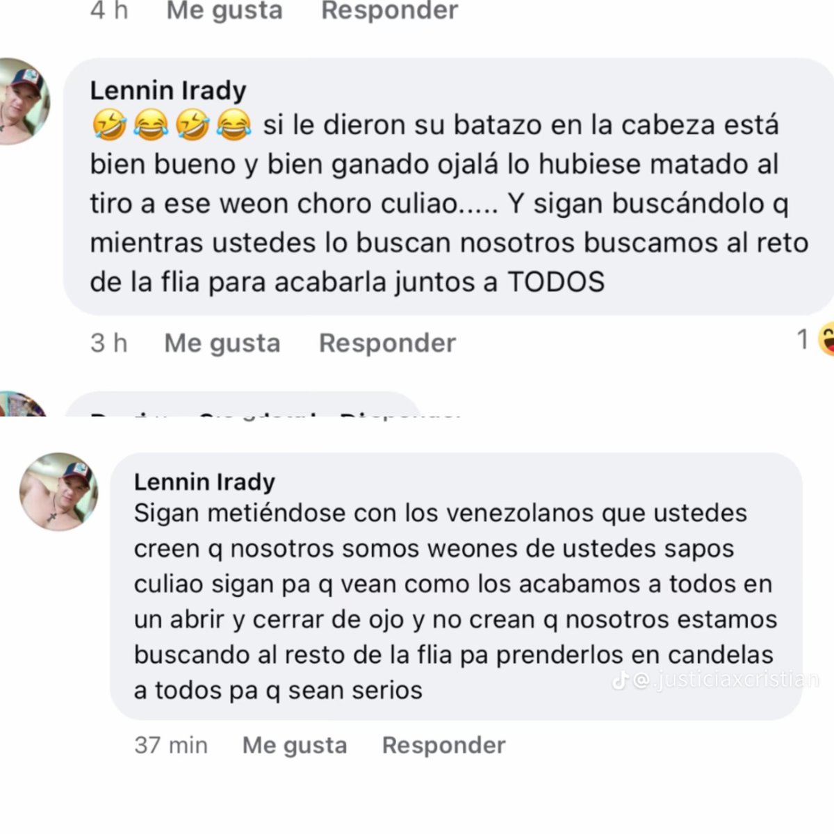 Que no queden impunes también los cómplices del asesino venezolano Markensson Salazar. Diego Cadenas ayudó a escapar al homicida tras propinar el fierrazo mortal a Cristian, también trabaja en 10 de julio. El otro es Lenin Irady, quien se burló del fierrazo y justificó a su amigo