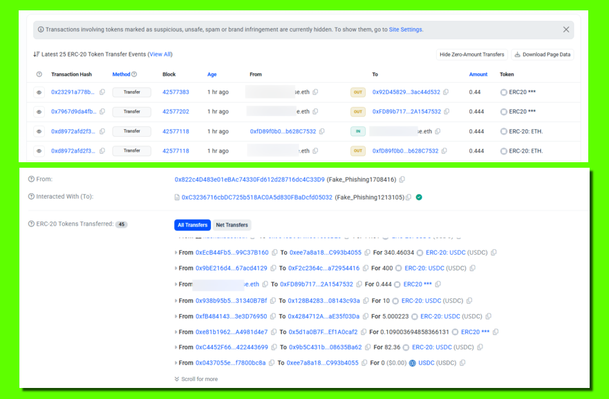 Zun2025's tweet photo. Many of us are already aware about address poisoning, but sometimes seeing your wallet sending a fake token to a phishing contract or any other address can often make you troubled, thinking that your wallet might be compromised.

This usually happens when you send some token and on the block explorer you see that from your wallet some unknown token has been sent to an address whose ending portion is similar to your wallet address.

And when you open the tx, you see that phishing addresses are sending these txs. Seeing the phishing address tag, many of us get troubled.

1/ So, from a user's perspective:

You might think your wallet is hacked or compromised, but it is not. So, the main question is how is this possible??

Well, block explorers usually rely on event logs to show the ERC-20 token transfer data, but the twist is, anyone can deploy a smart contract that can emit fake event logs like "0x123...abcd sent Y token to 0x321...dcba", but it's just an event log, not an actual transfer. No tokens move, no balances change.

Block explorers fetch these event logs and display them on their explorer. The explorer just shows what it reads, it doesn't verify if the event logs are real or fake.

So basically, whatever you see on the explorer is not always what actually happens. A bad actor can emit fake events and can display a tx in such a way that it looks like you sent tokens to those addresses.

Therefore, seeing these kinds of txs, don't worry, nothing actually happens from your wallet.