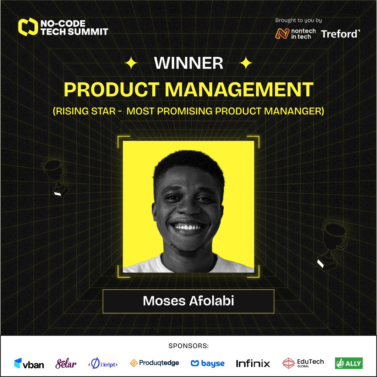 nocodesummit's tweet photo. Congratulations to @brotherDeolu, winner of the "Rising Star - Most Promising Product Manager"  Award Category at the NCTS 3.0.

#NoCodeTechSummit #NCTS3 #NCTSLegacyEvent https://t.co/Z3H3mfze3Z