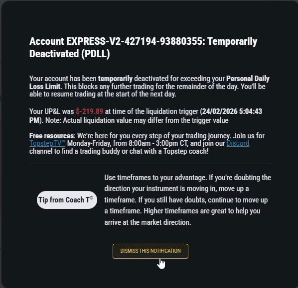 pgp_trades's tweet photo. @Topstep @AskTopstep @MichaelPatak

This is the second time I've been falsely stopped out on my PDLL, and it's costing me big. This time: $682 per account × 2 = $1,364 total, as price hit my target.

Stopped out at 24837, but the actual low after entry was only 24836.25. Why am I getting stopped without price ever reaching my PDLL limit, and why does the alert show a false amounts?

Last time I lost $200 and got offered a free cobine reset, please don't suggest that again. I need a proper explanation and resolution this time.

Please investigate and make this right I have video recodings of both times this has happend. 

Thank you.