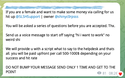 AndreaDraghetti's tweet image. 🚨 #ShinyHunters recruiting for vishing ops? 

A Telegram post linked to the group offers $500–$1000 per scripted call targeting helpdesks, suggesting structured social-engineering/initial access activity. 
The human layer remains a key attack surface.

#Vishing #CTI #ThreatIntel