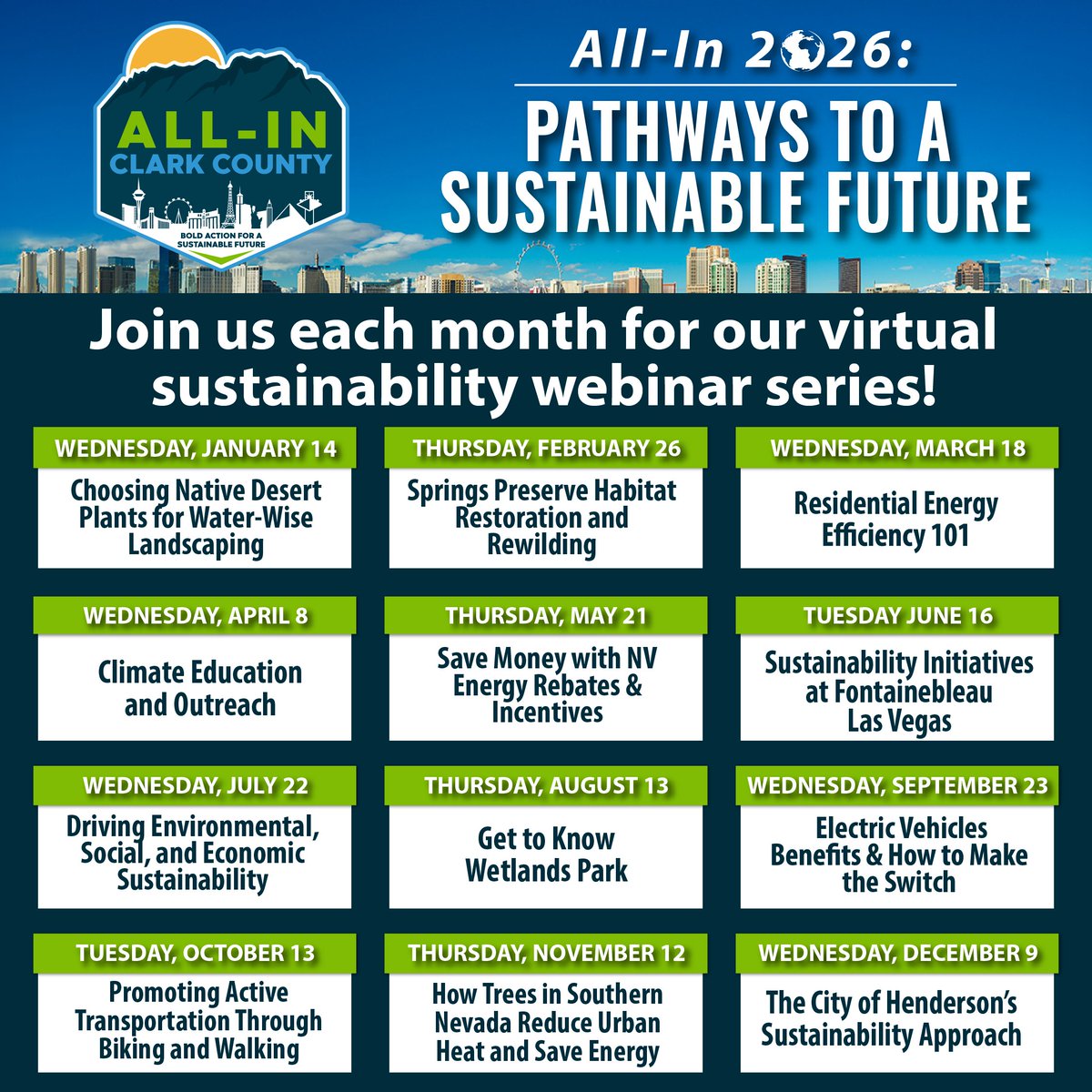 ClarkCountyDES's tweet photo. Join our free 2026 sustainability webinars for practical tips on energy, EVs, and water-smart living—monthly and virtual.