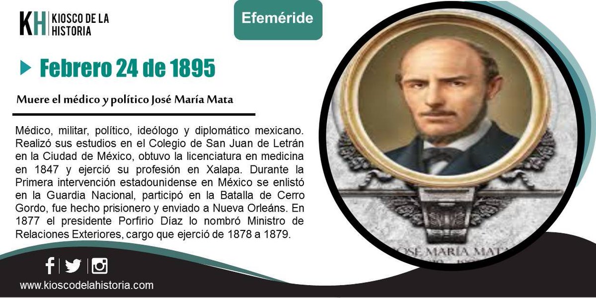 El #24DeFebrero de 1895 muere el médico y político José María Mata.
Más y otras #Efemerides 👇
kioscodelahistoria.com/24-febrero