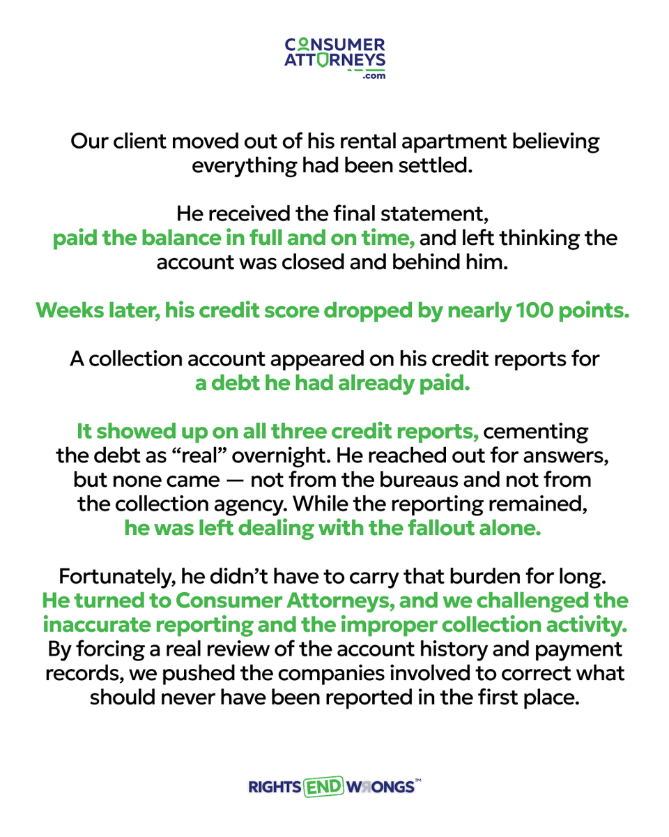 ConsumerFirm's tweet photo. His credit score didn’t just dip, it plunged, and the consequences followed: higher borrowing costs and the fear that future housing and credit decisions would be made based on false information.

Living with that kind of error is its own punishment. Doors don’t slam dramatically, they just stop opening and nobody seems in a hurry to explain why.

Attorney Meir Rubinov helped our client through the uncertainty while we took on the companies involved. We forced a review of the account history and payment records, got the reporting corrected, and recovered compensation for the impact.

Because “paid in full” shouldn’t show up as “in collections.”