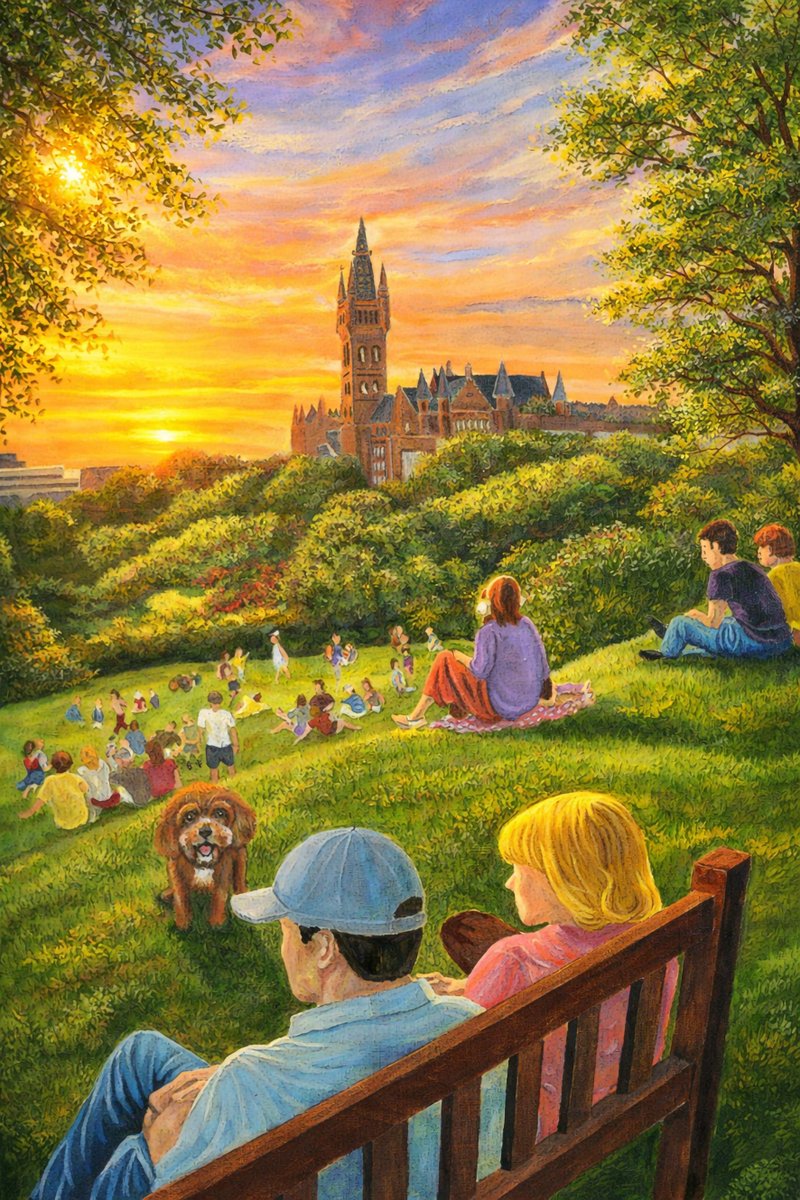 G3Creative's tweet photo. Colourful painting of Kelvingrove Park painting by Scottish artist and graphic designer Brian McGuffie. https://t.co/9GbPyS1cFy