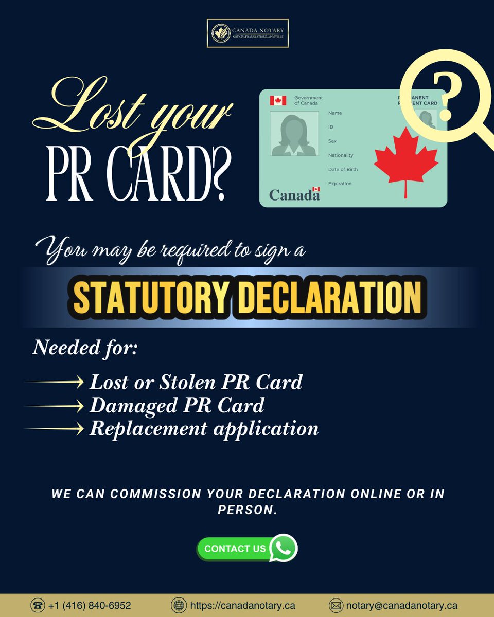 Canada_notary's tweet image. Lost your PR card?
You may need a statutory declaration for your replacement application.
Avoid delays — we can commission it online or in person.

📩 Contact us today

#CanadaNotary #PRCard #ImmigrationCanada
