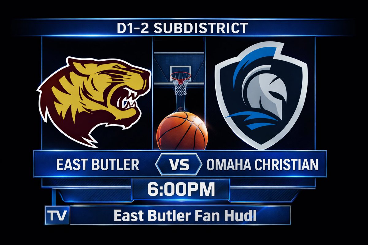 EastButlerBBall's tweet photo. Game 24! We take on Omaha Christian in the D1-2 Subdistrict!

🕕 Tipoff @ 6:00PM

📍 East Butler High School

📺 https://t.co/xAzhg6slgr

#nebpreps https://t.co/LbbRCozEKL