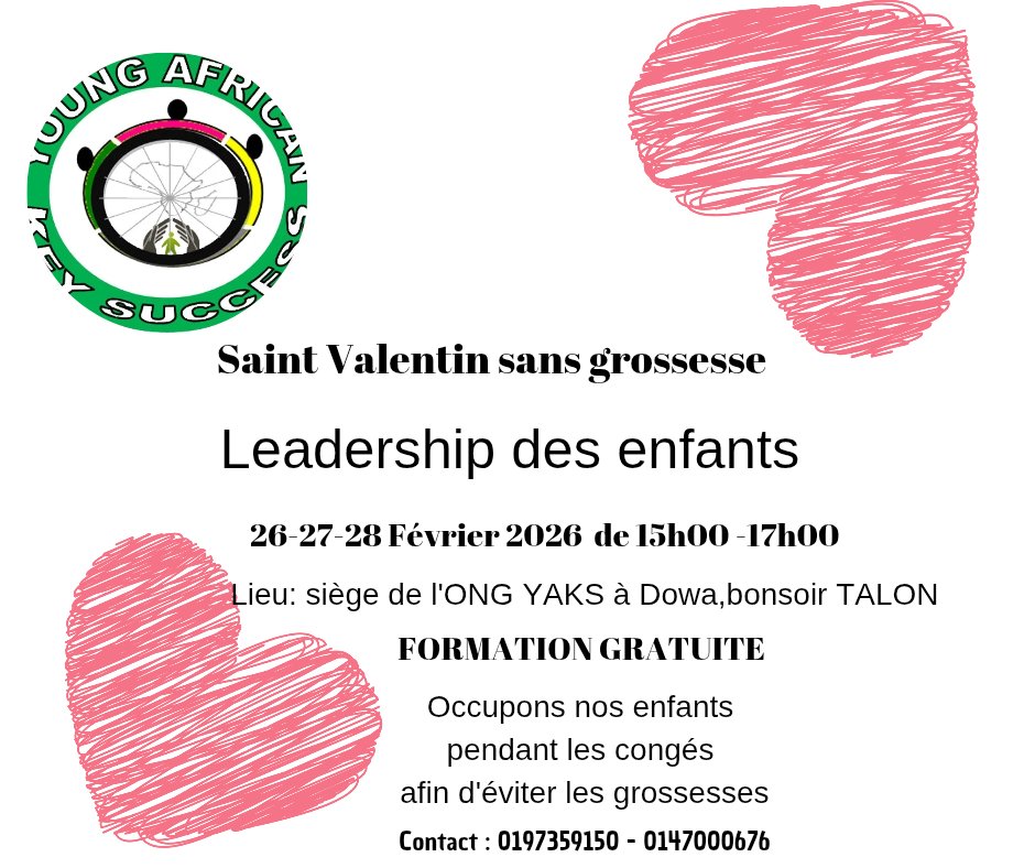 OngYaks's tweet photo. Les enfants sont en congés de détente depuis le 20 Février.Occupons-les afin d'éviter les grossesses précoces.

Dates: 26-27 et 28 Février 2026 de 15h à 17h
Lieu : Siège de l'ONG YAKS à Dowa Vons TALON
Contacts: 01 97359150 - 0147000676
NB:LA FORMATION EST GRATUITE https://t.co/WFnixC1Uyb