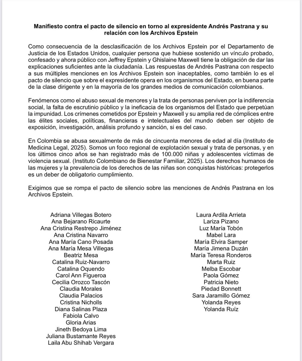 No nos quedamos calladas:

Manifiesto contra el pacto de silencio en torno al expresidente Andrés Pastrana y su relación con los Archivos Epstein.
#NoAlPactoDeSilencio