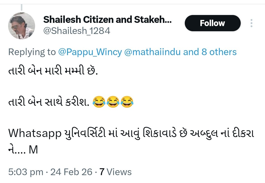 <a href="/Shailesh_1284/">Shailesh Citizen and Stakeholder Of ROI🇮🇳.</a> <a href="/AhmedabadPolice/">Ahmedabad Police અમદાવાદ પોલીસ</a> <a href="/GujaratPolice/">Gujarat Police</a> <a href="/mathaiindu/">Mathai Indu ka yar</a> શૈલા પોતાનું થુંકેલુ ચાટતા પહેલા આ ધ્યાન તો રાખ 

તને જ અબ્દુલ કેમ યાદ આવે?