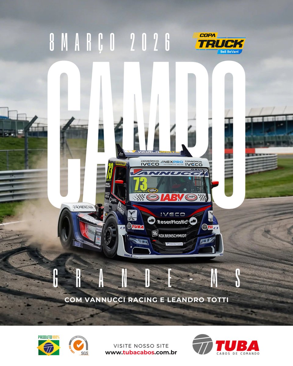 TubaCabos's tweet photo. A temporada 2026 começa acelerando forte. 08 de março | Campo Grande (MS)

A Copa Truck dá a largada e a Tuba Cabos segue firme, mais uma vez patrocinando o Marvado @leandro_totti73 e o seu bruto na pista, ao lado da @vannucciracing https://t.co/pIo0yjNXQb