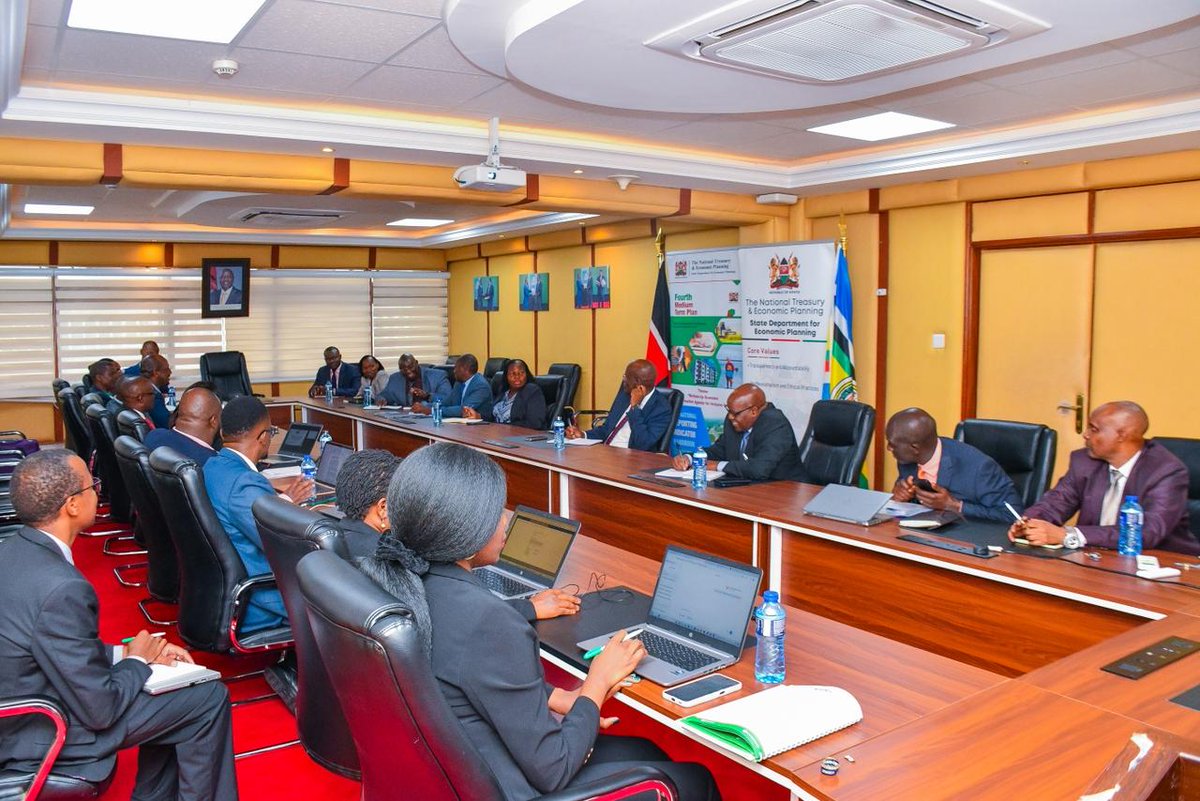 KIPPRAKENYA's tweet photo. The @KIPPRAKENYA management, yesterday, held a technical meeting with the Principal Secretary, @Planning_Ke, Dr Bonface Makokha, at the Treasury Building. The high-level engagement deliberated on key priority policy issues and the Institute’s strategic role in advancing national development planning, policy formulation, and implementation. The KIPPRA team was led by Executive Director, Dr Eldah Onsomu while the Economic Planning counterparts were led by the Director General, Dr Masini Ichwara.
The PS got an overview of key policy research, capacity building, policy engagement as well as technical and advisory work the Institute is currently focussing on. In his remarks, the PS lauded the close working relationship with KIPPRA, outlining recent successes from the collaborative effort. Dr Makokha highlighted a recent strategic engagement with the Multilateral Cooperation Center for Development Finance (MCDF), where KIPPRA was involved, noting that the partnership would advance capacity building initiatives in public policy.
Other key policy issues discussed include capacity building for the the Central Planning and Project Monitoring Departments and other government Institutions; laying the groundwork for Kenya's next development blueprint; data governance and an interrogation of the “road to Singapore” projections and implications. KIPPRA also highlighted recent organizational transformations aimed at strengthening its support to the government and other stakeholders. This included the establishment two more technical directorates as well as a Nutrition and Dietetics Division, Predictive Analytics Division, Gender and Special Groups Division and the Economic Modelling Hub. KIPPRA appreciated the State Department’s support in the process of obtaining approval for the human resource instruments.
The PS challenged the KIPPRA team to prioritize practical policy solutions to accelerate Kenya’s economic growth.