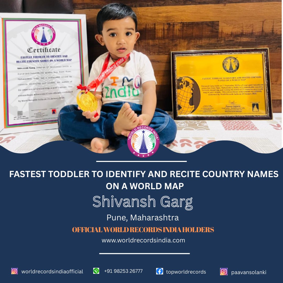 Shivansh Garg From Pune, Maharashtra, this little star identified and recited 22 countries on a world map in just 1 minute — showcasing exceptional memory and confidence at such a young age. #ShivanshGarg #ChildProdigy #WorldRecordsIndia #WorldRecord #YoungAchiever