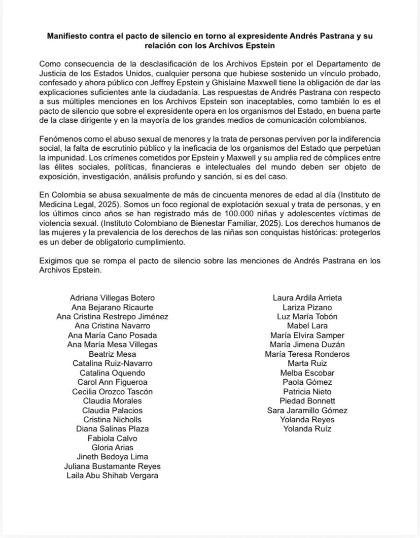 #NoAlPactoDeSilencio Las explicaciones de <a href="/AndresPastrana_/">Andrés Pastrana A</a> sobre su mención en los Archivos Epstein son inaceptables. Es evidente el pacto de silencio de organismos del Estado y de la mayoría de grandes medios en Colombia. Aquí nuestro manifiesto en contra: