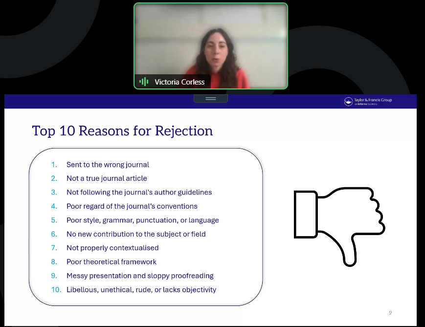 Understanding the publishing landscape is key to research success.
Victoria Corless, Ph.D., Associate Director, Community Development (<a href="/tandfonline/">Taylor & Francis Research Insights</a>), highlighted different research outputs and routes to publication — from journal articles to datasets and preprints.
She also
