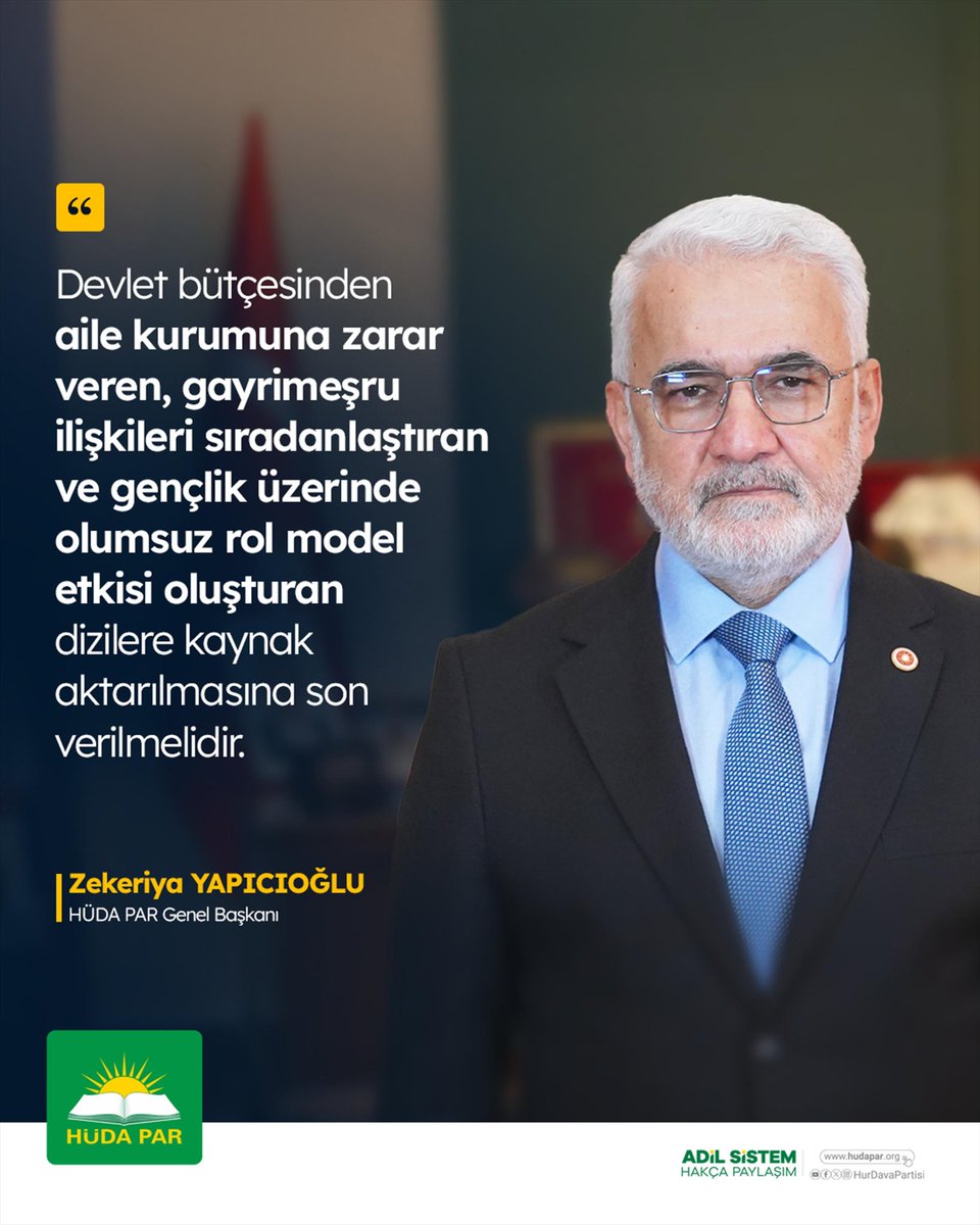Devlet bütçesinden aile kurumuna zarar veren, gayrimeşru ilişkileri sıradanlaştıran ve gençlik üzerinde olumsuz rol model etkisi oluşturan dizilere milyonlarca dolar kaynak aktarılmaktadır.

Merhum Aliya, "Savaş ölünce değil, düşmana benzeyince kaybedilir" der. Bugün Epstein