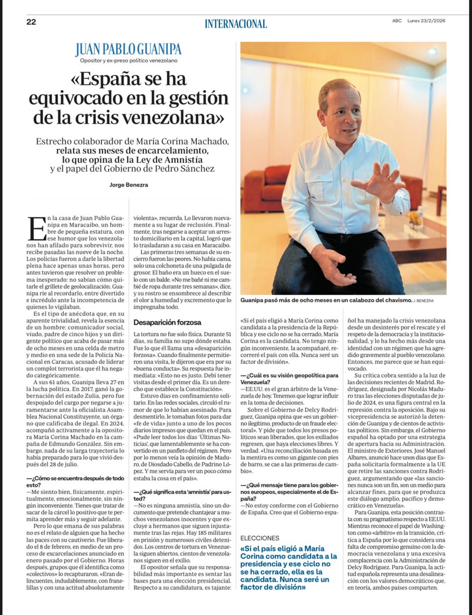 “España se ha equivocado en la gestión de la crisis venezolana”.

Entrevista en ABC de España.