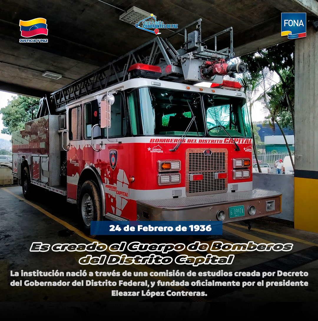 #24Feb de 1936 Es creado el Cuerpo de Bomberos del Distrito Capital, la institución nació a través de una comisión de estudios creada por Decreto del Gobernador del Distrito Federal, y fundada oficialmente por el presidente Eleazar López Contreras.

#SembradoValoresParaLaVida