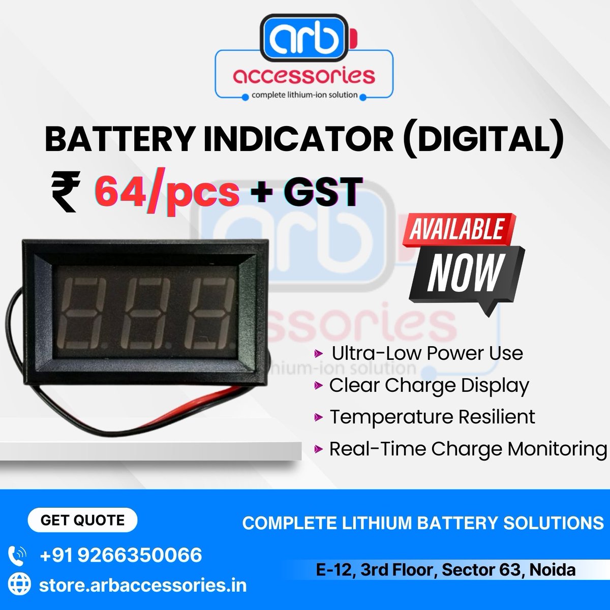arb_ltd's tweet image. 🔋 Battery Indicators &amp;amp; SOC Displays – Monitor Power with Precision

➡ Battery Indicator (Digital)
➡ Battery Indicator (Standard)

➡ JBD SOC LCD Display

🛒 Available
🌐 store.arbaccessories.in/category/batte…

#ARBAccessories #BatteryIndicator #SOCDisplay #JBDBMS #BatteryMonitoring