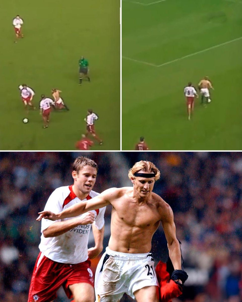 FTBLsection's tweet photo. In 2002, Diego Forlan once played briefly without a shirt.

After scoring a brilliant equaliser for Manchester United against Southampton, Forlan celebrated passionately and took his shirt off. Play restarted so quickly that he had no time to put it back on, so he carried on running to win the ball back. 

Two years later, in 2004, FIFA introduced a rule making shirt removal during celebrations a mandatory yellow card offence.