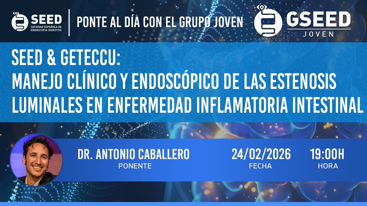 📢¡ES HOY!📢 🔔Ponte la alarma y no te pierdas hoy a las 19:00 horas el webinar SEED-<a href="/geteccu/">GETECCU</a>  "Manejo clínico y endoscópico de las #estenosis luminales en #EII🔬con el Dr. Antonio Caballero 🗣️
¡Únete y sigue creciendo profesionalmente con la SEED! #SEEDJoven 💪🏻
💡Recuerda que el