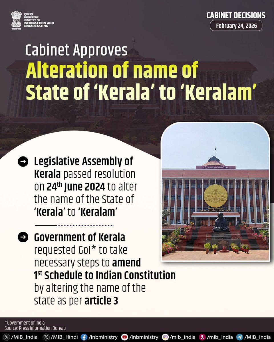 MIB_India's tweet photo. The Union Cabinet has approved the proposal for alteration of name of State of ‘Kerala’ as ‘Keralam’.

Read more at: https://t.co/SX0k3Hhmjn

#CabinetDecisions https://t.co/02ovMfTjEL