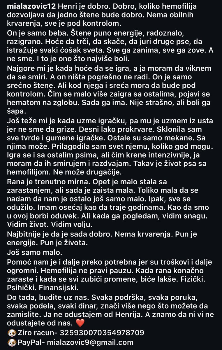 Henriju smo i dalje potrebni, pa ko može da pomogne finansijski, da bi se sve ovo izguralo do kraja kako treba, podatke za uplatu imate na drugoj slici na kraju objave. ❤️🍀🙏
