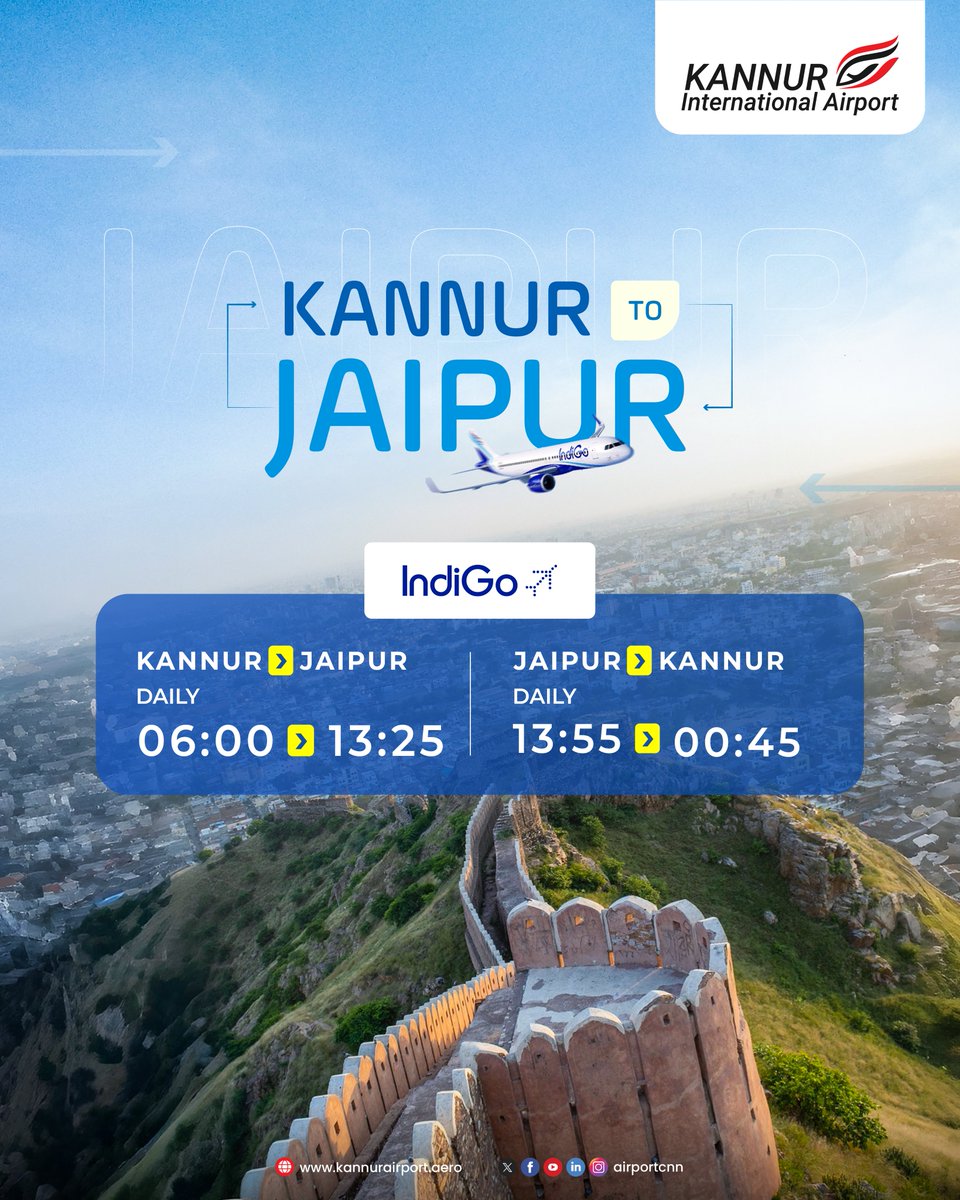airportCNN's tweet image. Fly from Kannur to Jaipur — now just a smooth connection away!

#KannurInternationalAirport #KannurToJaipur #DailyFlights #KannurAirport #FlyEasy #NewDestination