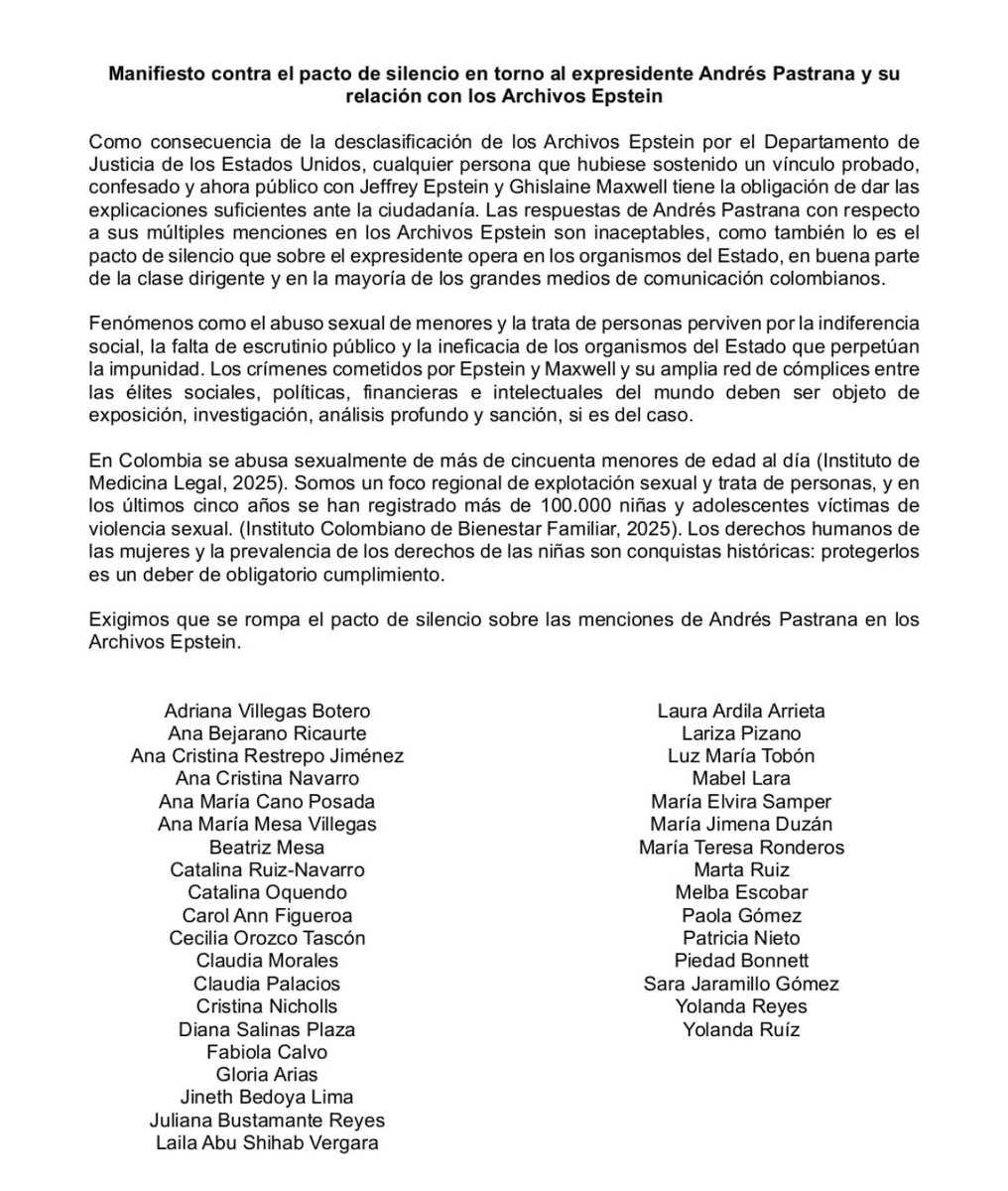 Manifiesto contra el pacto de silencio en torno al expresidente Andrés Pastrana y su relación con los Archivos Epstein.
#NoAlPactoDeSilencio