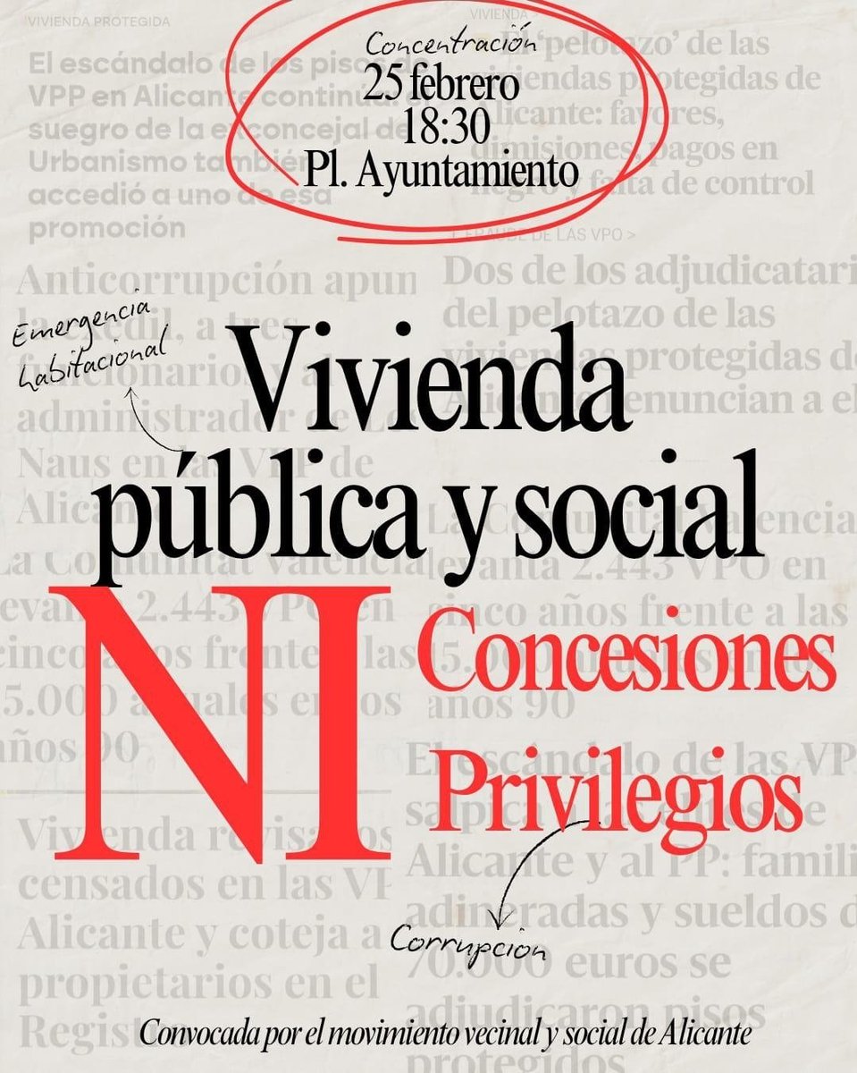 jdf_alicante's tweet photo. Mañana, que se escuche alto y claro 📢: Alicante no es la inmobiliaria del PP.

🏗 Vivienda pública para la gente.
👤 No para los amigos y familiares del PP.

🗓 25F (miércoles)
⏰️ 18:30 
📍 Pl. Ayuntamiento Alicante

Allí nos vemos.
#ViviendaPública #VPP https://t.co/BPIfKRzbf7