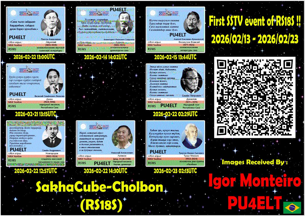 PU4ELT's tweet image. SSTV images received from the #CubeSat 1U 🇷🇺 SakhaCube-Cholbon (#RS18S) during its first SSTV event 😄

A total of 8 images were transmitted. It's great to decode SSTV from another little bird !!

Wishing all the success to the SakhaCube-Cholbon mission 🥳

73's de PU4ELT 🇧🇷 !!