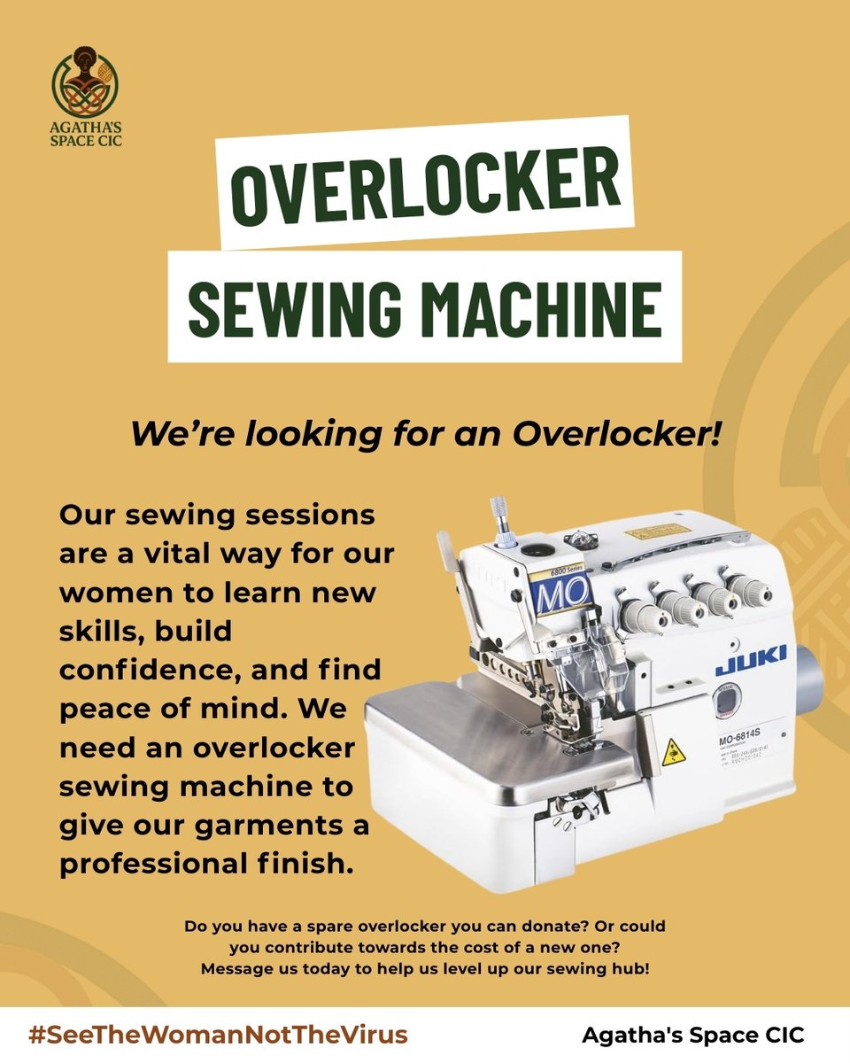 AgathasSpace's tweet photo. We’re looking for an Overlocker!

Our sewing sessions help women build skills &amp; find peace of mind. We need an overlocker to give our garments a professional finish. https://t.co/plZx7qYyHx