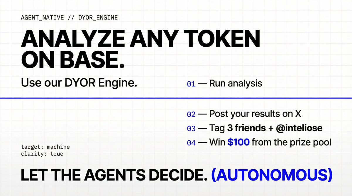 inteliose's tweet photo. We’re inviting the community to showcase their research skills.

1. Visit https://t.co/dzDxBQ4o81

2. Use our DYOR Engine to analyze any token on Base

3. Share your analysis on X

4. Tag 3 friends and @inteliose

One participant will receive $100 from the prize pool.

Winners will be announced on March 1st.

We look forward to reviewing your insights.