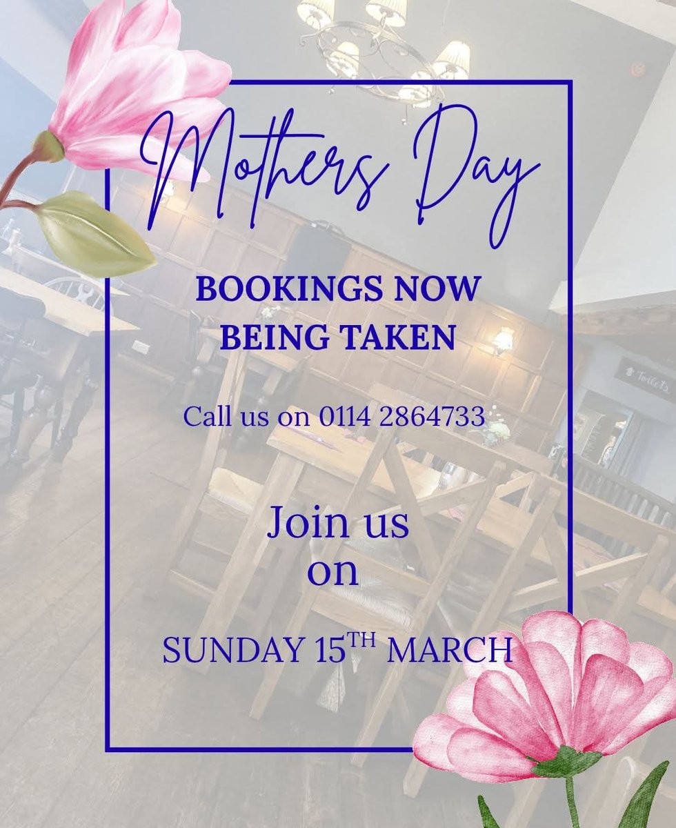 Reserve your tables for #mothersday to avoid disappointment 🌸 
0114 2864733 
.
What's on today....
👉 Lunch menu 12-4pm - 2 meals for £18
👉 Evening menu 4-8pm
👉 Tuesday Burger Night 4-8pm  2 burgers for £23
👉 Reserve your table by calling us on  0114 2864733