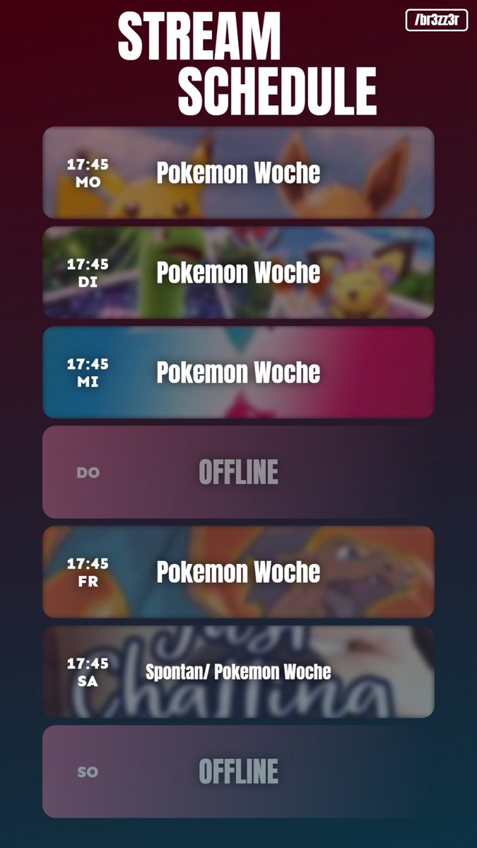 Die Woche steht in Zeichen von Pokemon. 
Gestern Lets go Evoli.
Heute New Pokemon Snap und Pokemon Stadium.
Und der Rest? 
Mi: Schwert / Schild und Freitag ziehen wir uns die Present rein und im Anschluss Feuerrot /Blattgrün 

Schau doch gerne mal vorbei!
twitch.tv/br3zz3r