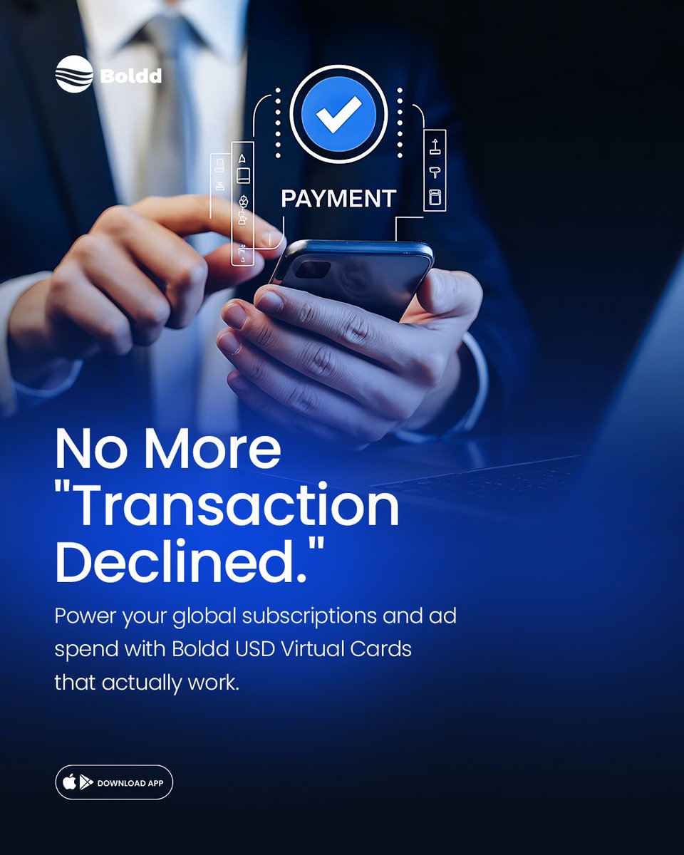Say goodbye to "Transaction Declined" for good. 
Power your global subscriptions and scale your ad spend with Boldd USD Virtual Cards, the cards that actually work where you need them to. 🌍
Download the app today and go global. 
#Boldd #GlobalPayments #Ads #Tech