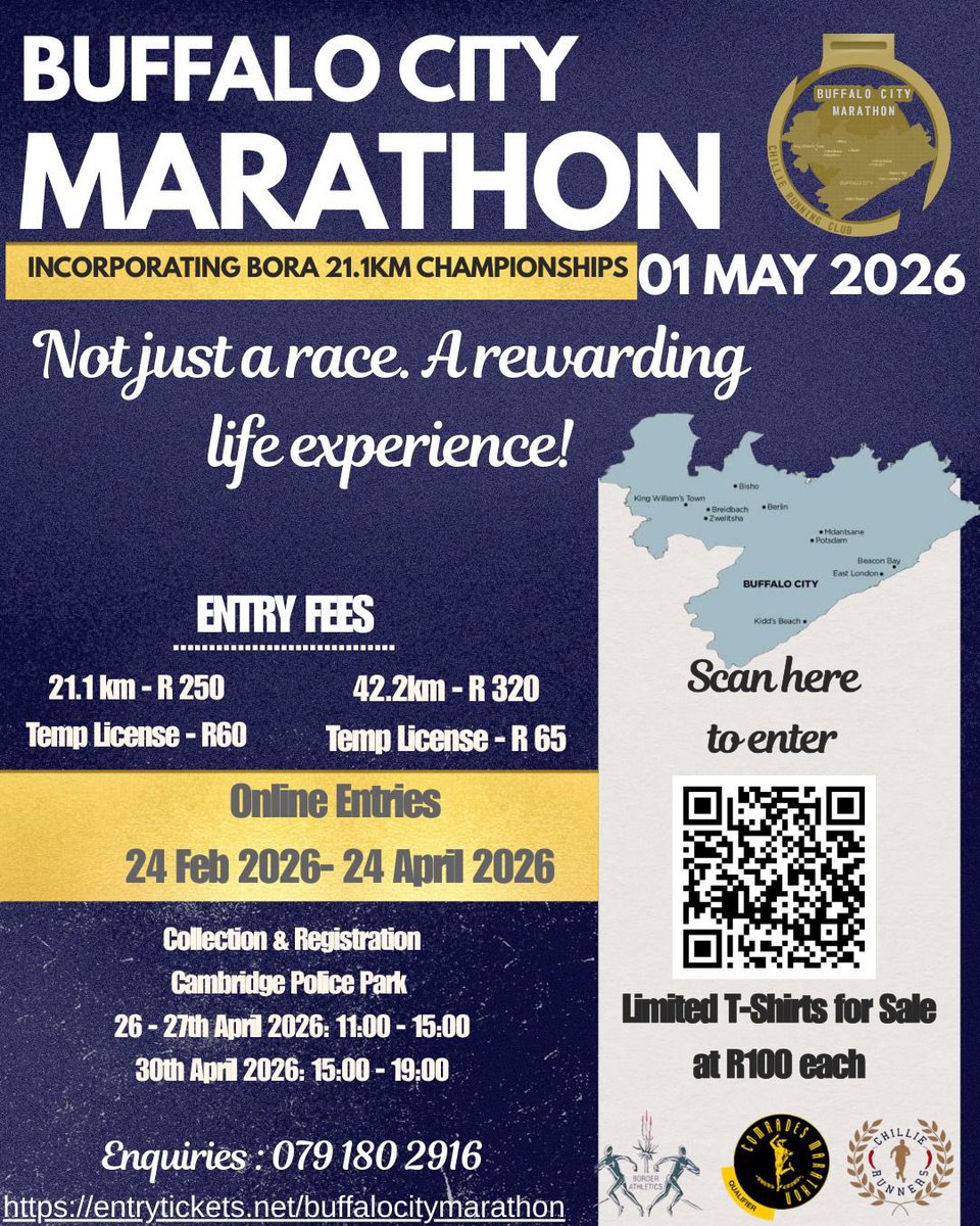 ChillieRunners's tweet photo. Touch let’s go!!! The waiting is over #BuffaloCityMarathon2026 is officially here!
Online entries officially open at midnight 24/02
Limited Race T-Shirts Available at R100 each
#BuffaloCityMarathon2026
#CountdownToMayDay
#itsmorethanjustaraceitsalifechangingexperience https://t.co/hghi27WPKw