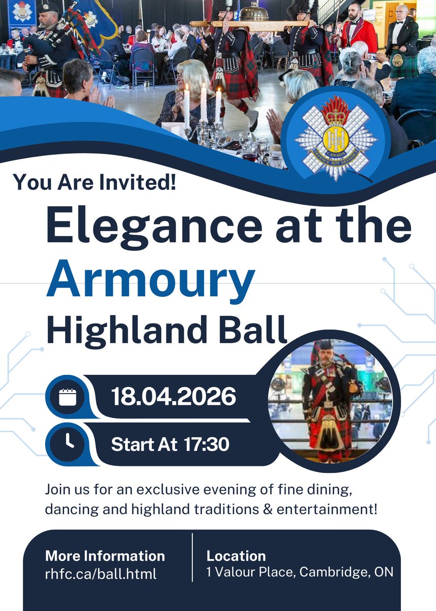 RHFCEvents's tweet photo. Our Highland Ball is on April 18, 2026 in Cambridge, ON

Support our local soldiers! This is the primary fundraiser for the Trust.

Tickets and sponsorship opportunities still exist!

Details:  https://t.co/5YbKru88NJ https://t.co/wHmMWHzx35
