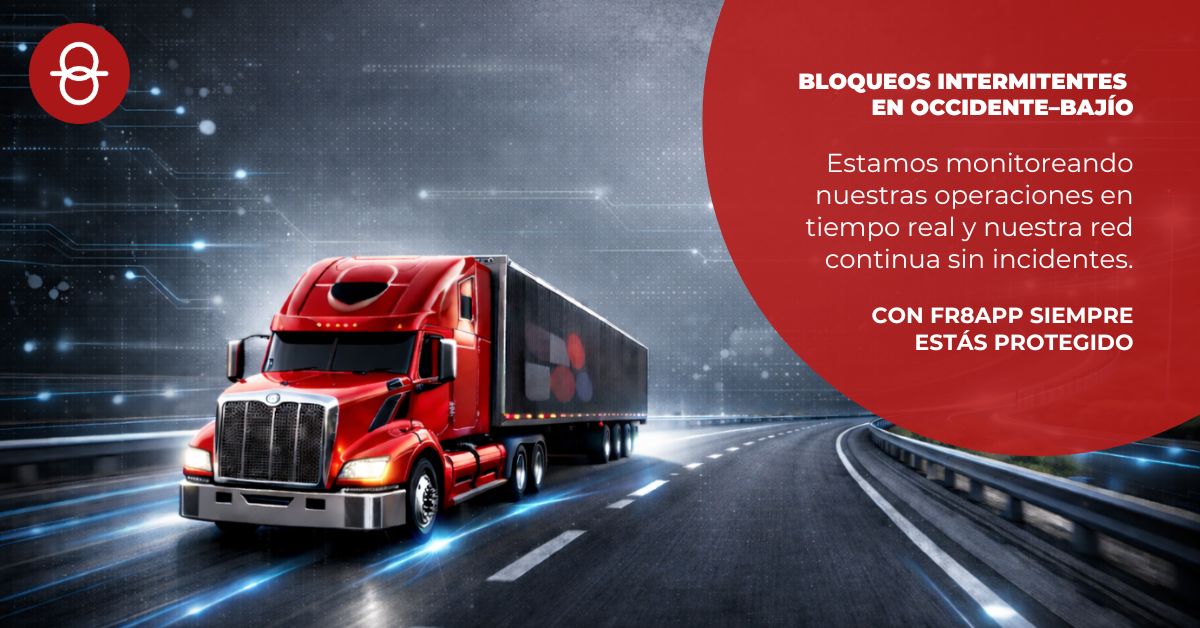 Fr8app's tweet photo. Occidente–Bajío: Michoacán y Guanajuato liberados; operación se normaliza. Jalisco sigue en código rojo. En Fr8App monitoreamos rutas 24/7. Sin incidentes. 🚛⚠️ https://t.co/e8Y8Q1rfRf