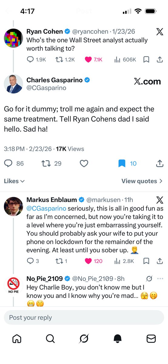 I hope <a href="/ryancohen/">Ryan Cohen</a> &amp; everyone <a href="/FoxNews/">Fox News</a> <a href="/FoxBusiness/">FOX Business</a> like <a href="/MariaBartiromo/">Maria Bartiromo</a> <a href="/LizClaman/">Liz Claman</a> <a href="/cvpayne/">Charles V Payne</a> sees this post of Creepy Chuckie <a href="/CGasparino/">Charles Gasparino</a> mocking Ryan’s deceased Dad Ted—a post currently with ZERO likes &amp; 86 comments.

<a href="/realDonaldTrump/">Donald J. Trump</a> <a href="/Malone_Wealth/">Kevin Malone</a> <a href="/kshaughnessy2/">kristen shaughnessy</a> <a href="/KatStryker111/">Kat Stryker</a>