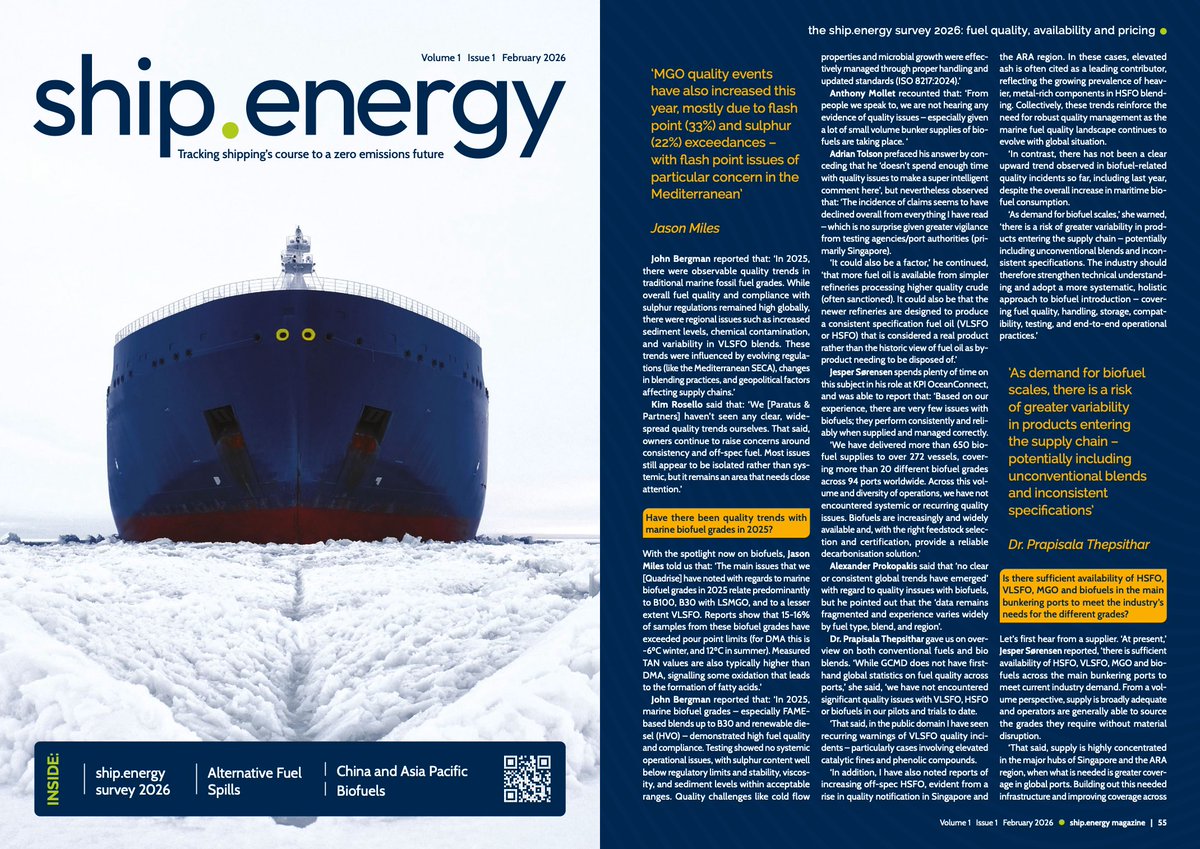 QuadrisePlc's tweet photo. Great to see the new @shipdotenergy annual survey 2026 exploring fuel quality, availability and pricing across global bunkering markets. Our CTO, Jason Miles shares insights on fuel quality trends, biofuel performance and shifting price dynamics. https://t.co/5Awg4wSDN3 https://t.co/ndQrbz4Paz