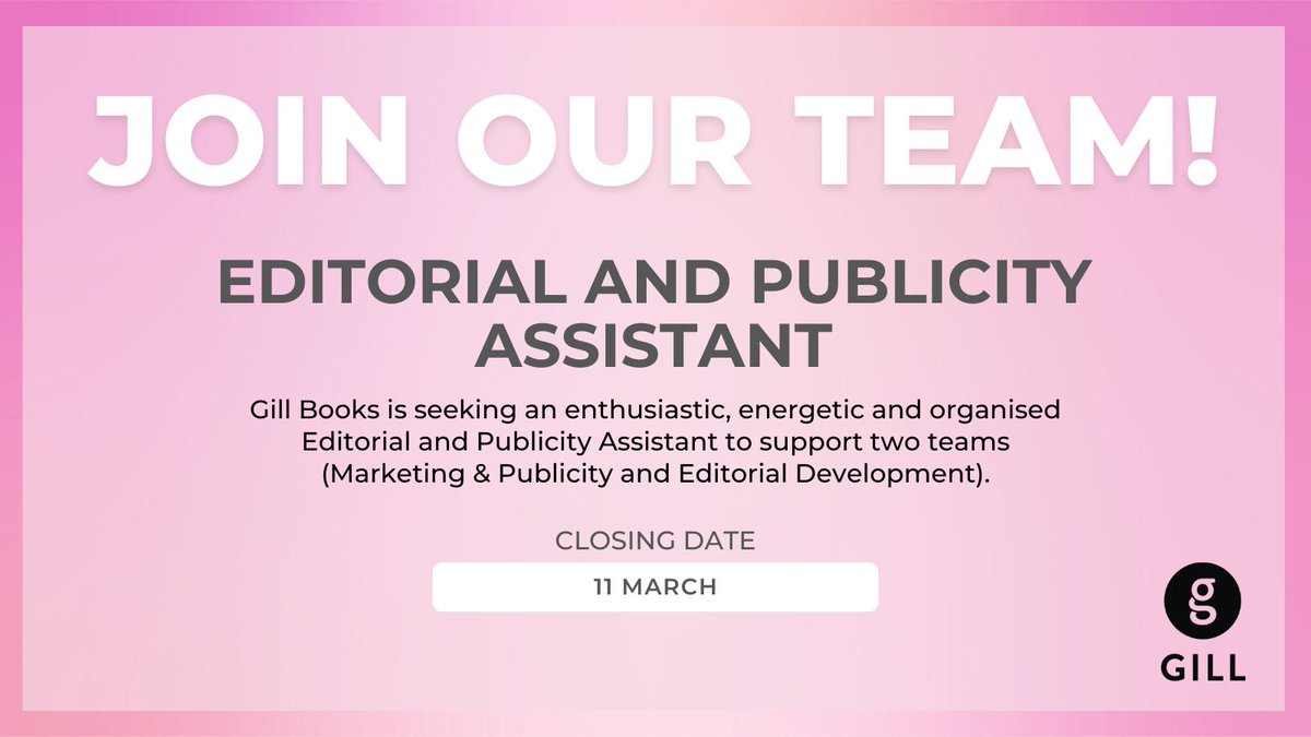 Gill_Books's tweet photo. 📯 We're hiring! Find the full job description here: https://t.co/8ldXFfoLsx

#jobfairy #irishjobs #publishing https://t.co/DF5DCKGPhA