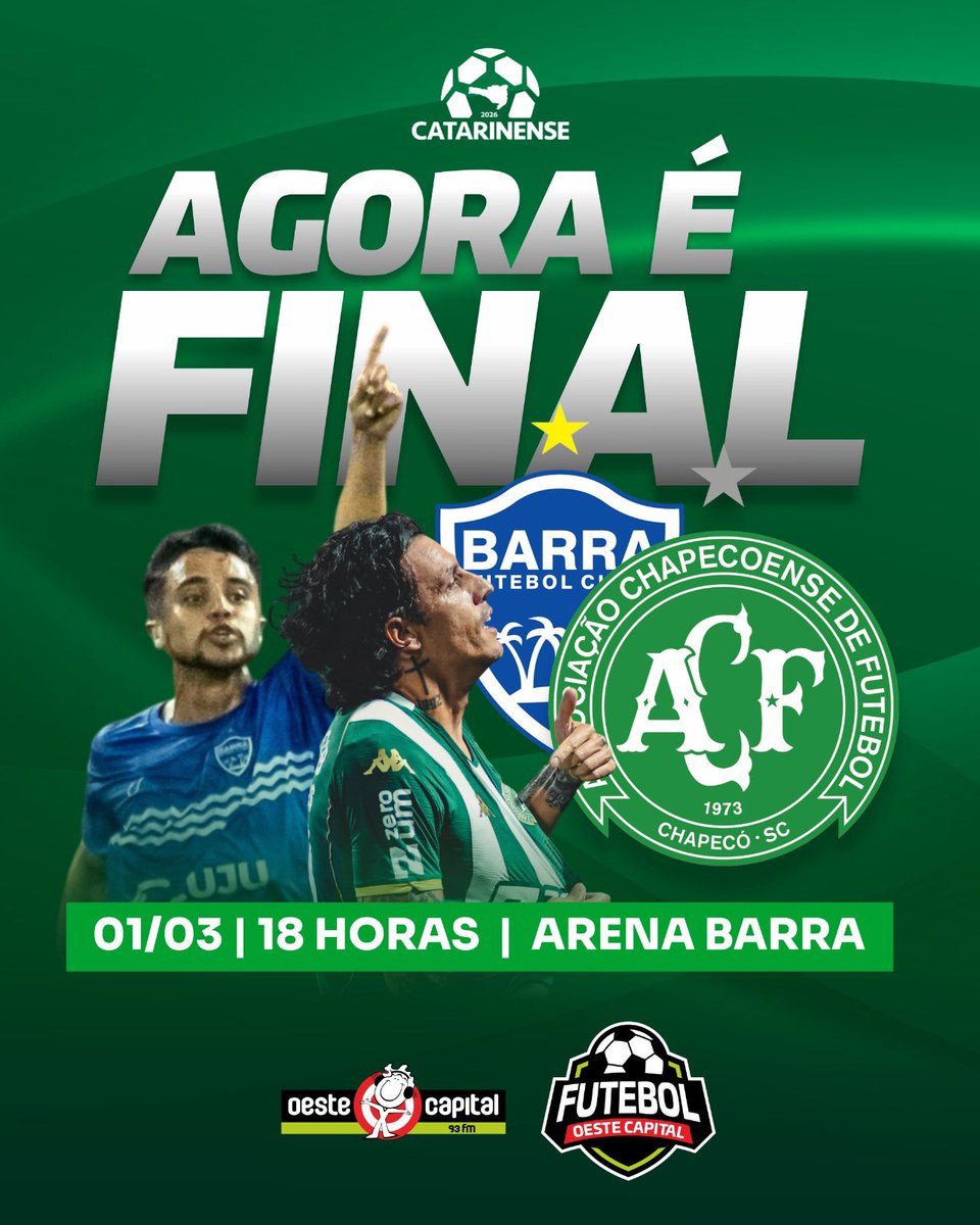 Mathiasbr99's tweet photo. Datas e horários confirmados para a final do Catarinense 2026! 🏆🇳🇬

Ida: 01/03, 18h – Arena Barra FC, em Itajaí
Volta: 08/03, 18h – Arena Condá, em Chapecó

Barra x Chapecoense na decisão do estadual!

#Chapecoense #FinalCatarinense #Catarinense2026 #Barra https://t.co/tB6KFqSSyw